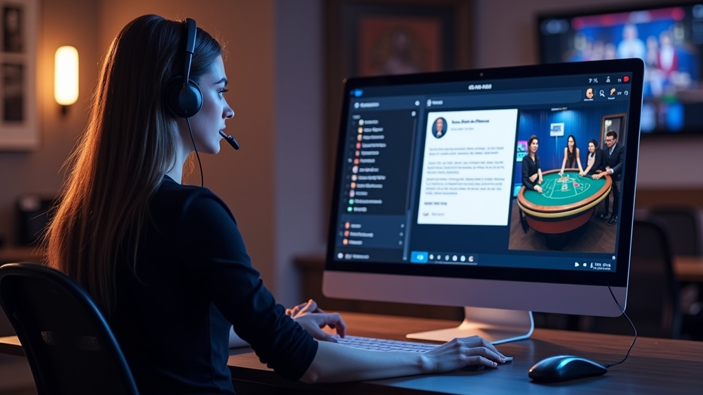 Support desk and account verification beside a live dealer casino screen