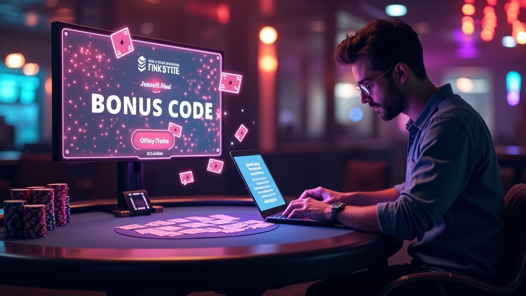 A player reviewing bonus codes on a laptop in a dark casino setting