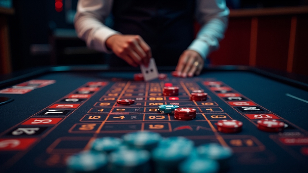 Dealer table with countdown timer, cards, wheel, and betting chips during a live session
