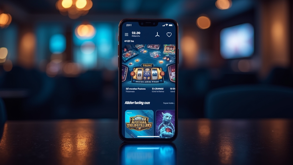 Smartphone showing a sleek mobile casino lobby in a dark casino setting