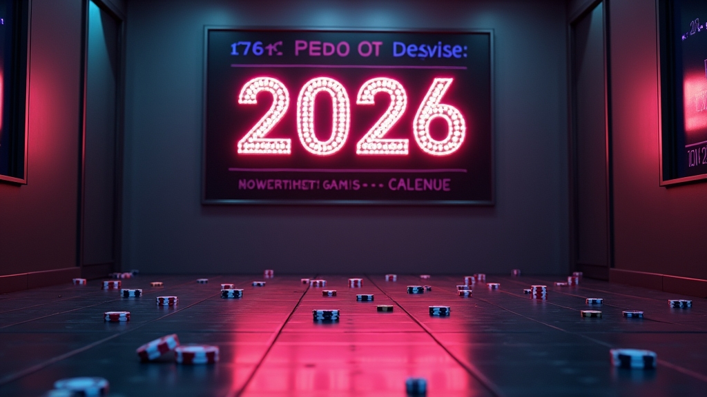 A neon 2026 bonus banner glowing in a dark casino interior