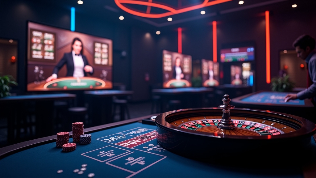 Live dealer tables with blackjack, roulette, and baccarat in a dark casino studio