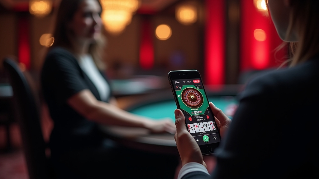 Smartphone showing a clear live dealer table in a dark casino setting