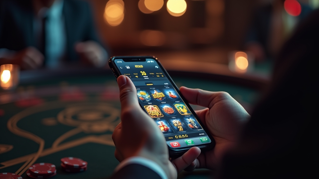 Player using a mobile casino app on a smartphone in a dark casino setting